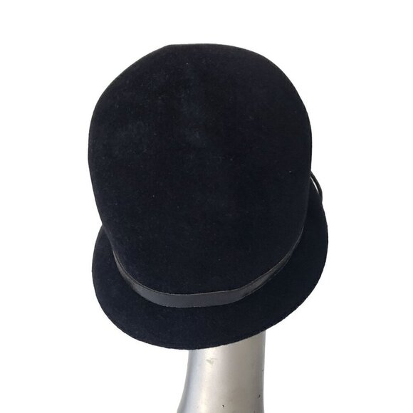 Vtg Frank Olive Patent Leather Flowers & Trim Black Wool Bucket Cloche Hat Boho main image 5
